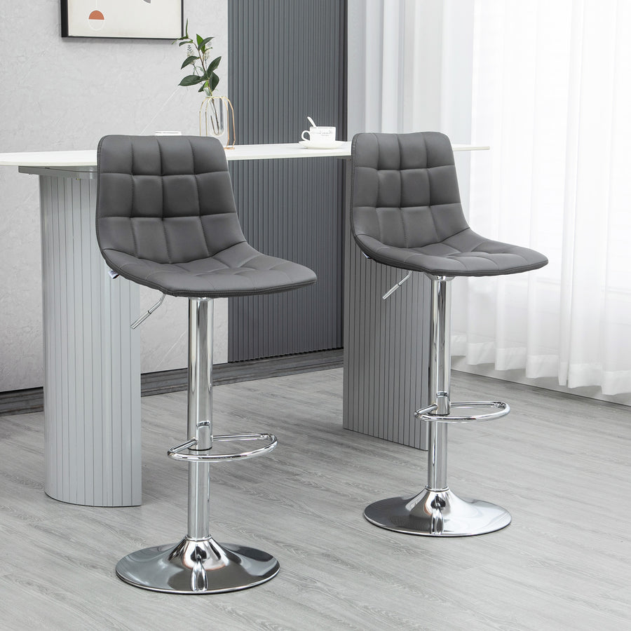 Adjustable Bar Stools Set of 2, Swivel PU Leather Upholstered Barstools with Tufted Seat and Back, Breakfast Bar Chairs for Kitchen Counter, Grey