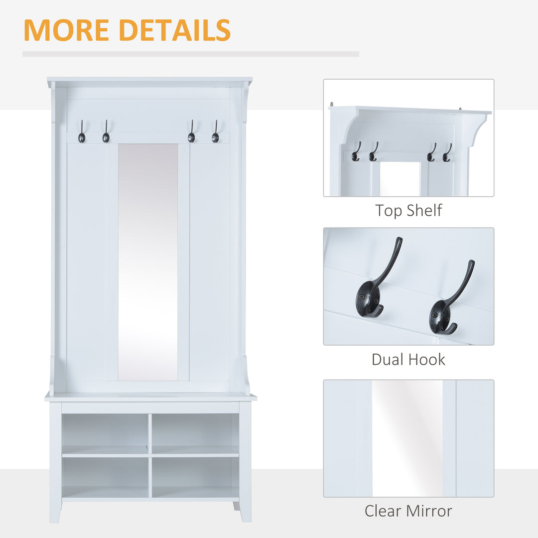 HOMCOM Entryway Storage Solution, Shoe Bench with Mirror, Coat Rack, Organiser Shelves, 4 Hooks, White | Aosom UK