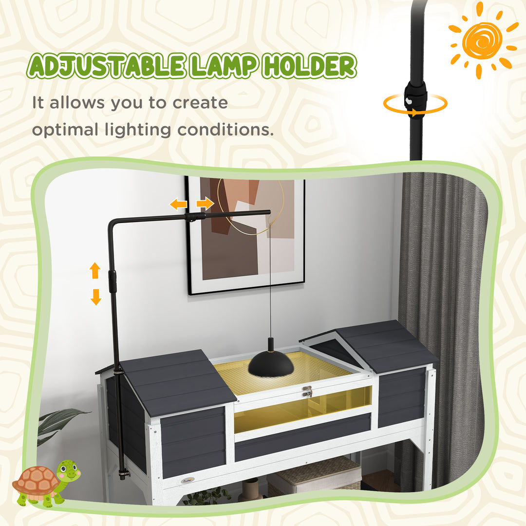 Wooden Tortoise Enclosure w/ Adjustable Lamp Holder, Openable Lid, Dual Main Houses, Storage Shelf, Fixed Tray - Grey