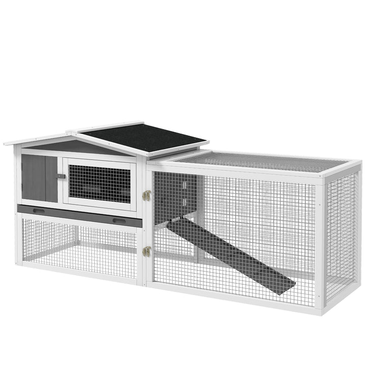 Rabbit Hutch with Run Wooden Guinea Pig Hutch Outdoor Bunny Cage Hide House with Sliding Tray, Hay Rack, Ramp, 156 x 58 x 68cm, Grey