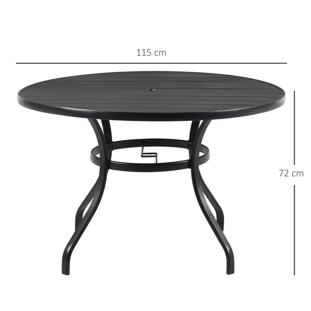 Outsunny Garden Table with Parasol Hole, Outdoor Dining Garden Table for Four Persons, Round Patio Table with Slatted Metal Top, Black