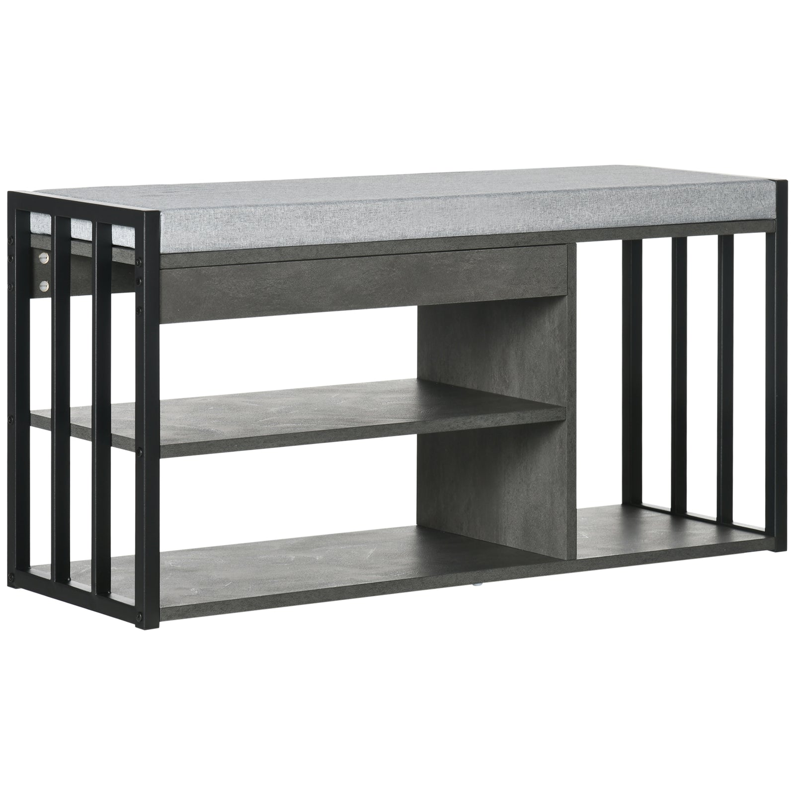Shoe Storage with Seat, Upholstered Entryway Bench, Shoe Bench with 3 Open Shelves for Hallway, Grey
