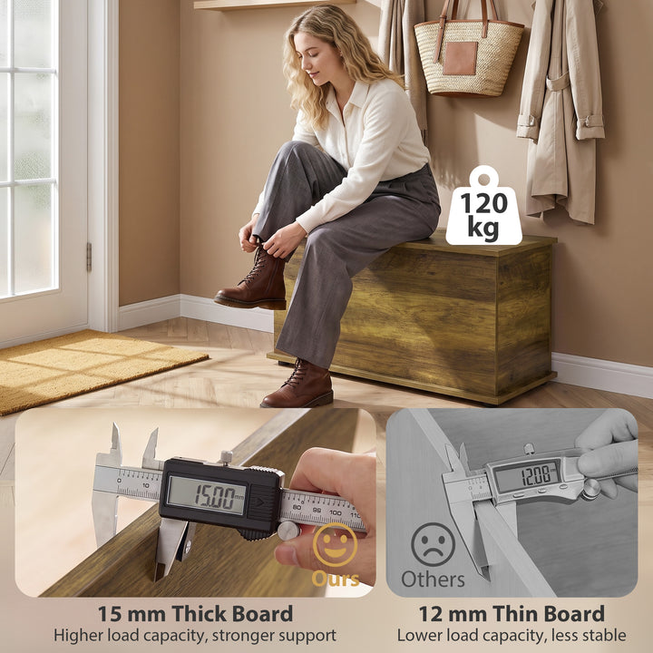 Storage Chest, 102L Blanket Box, Shoe Bench with Safety Hinged Lid, Be