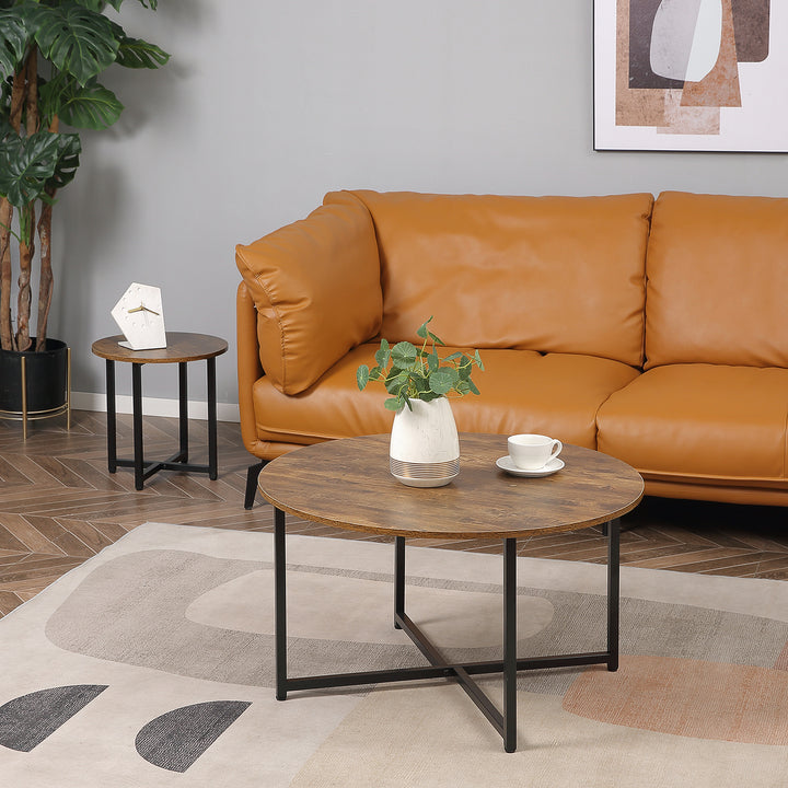 MCL Round Coffee Table, Set of 2 Side Table with Metal Frame, Industrial End Table for Living Room Bedroom, Rustic Brown