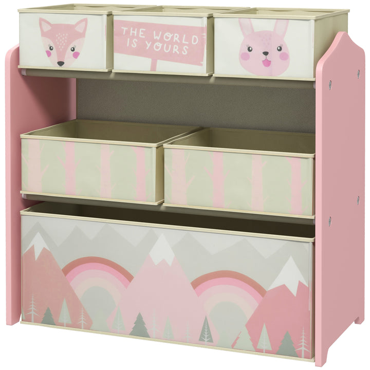 ZONEKIZ Children's Toy Storage Unit with 6 Fabric Bins, Bedroom and Nursery Organiser, 63 x 30 x 66cm, Pink | Aosom UK