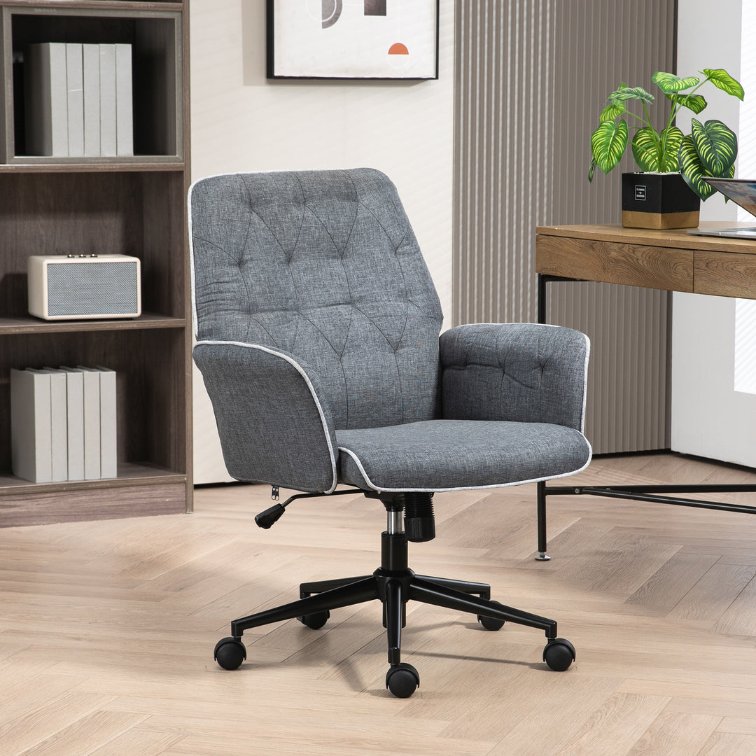 HOMCOM Modern Linen Computer Chair, Swivel Office Chair with Armrest, Adjustable Height, Dark Grey | Aosom UK