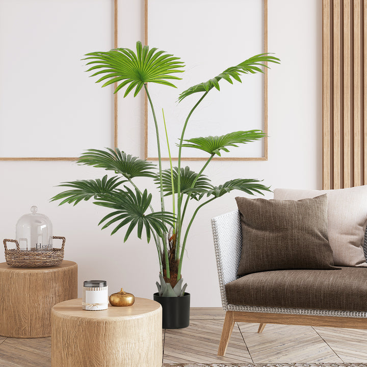145cm Artificial Palm Tree, Decorative Artificial Plant with Lifelike PEVA Leaves and Coconut Coir, Fake Tree with Plastic Pot and Flocking for Home Office Decor, Green