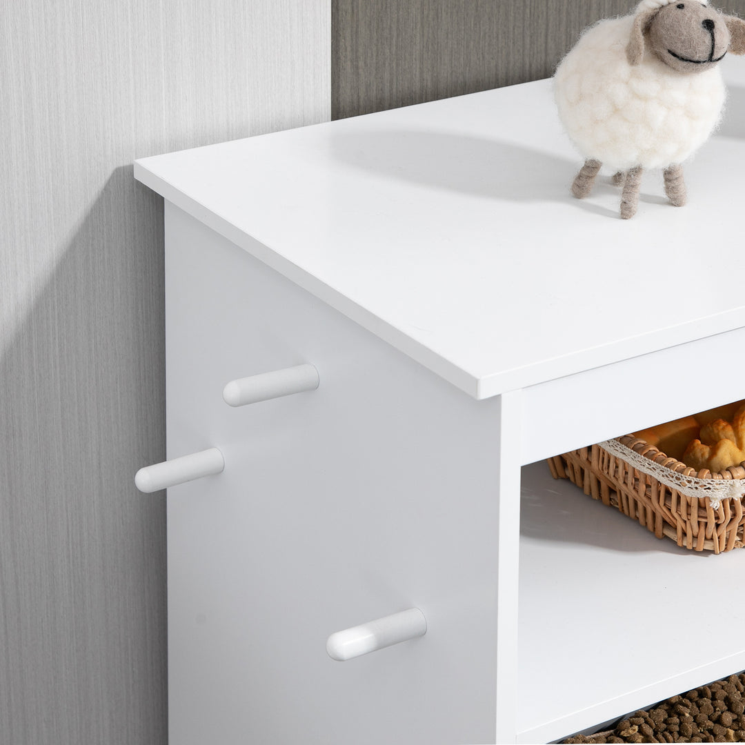 Pet Feeder Station, Dog, Cat Storage Container, with Raised Bowls, Hanger, Cabinet - White