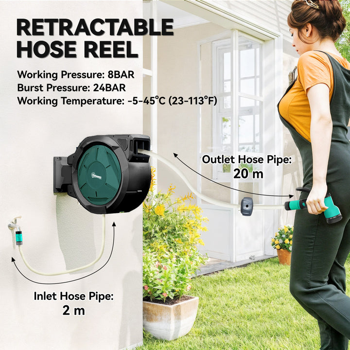 Retractable Hose Reel Wall Mounted, 20+2m Garden Hose Pipe Reel with L