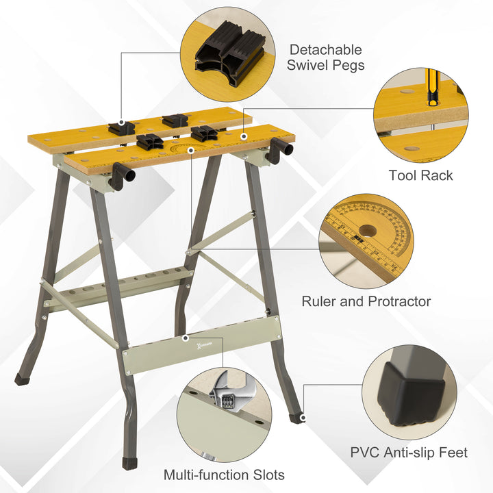 4-in-1 Work Bench, Folding Clamp Table w/ 4 Adjustable Clamping Pegs for DIY Home Garage, Grey