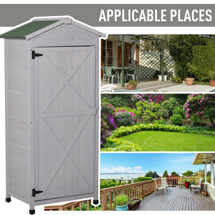 Wooden Garden Shed, Outdoor Storage Cabinet with 2 Shelves and Hooks, Locking Organiser Outdoor Narrow Tool House, 74x55x155cm, Grey