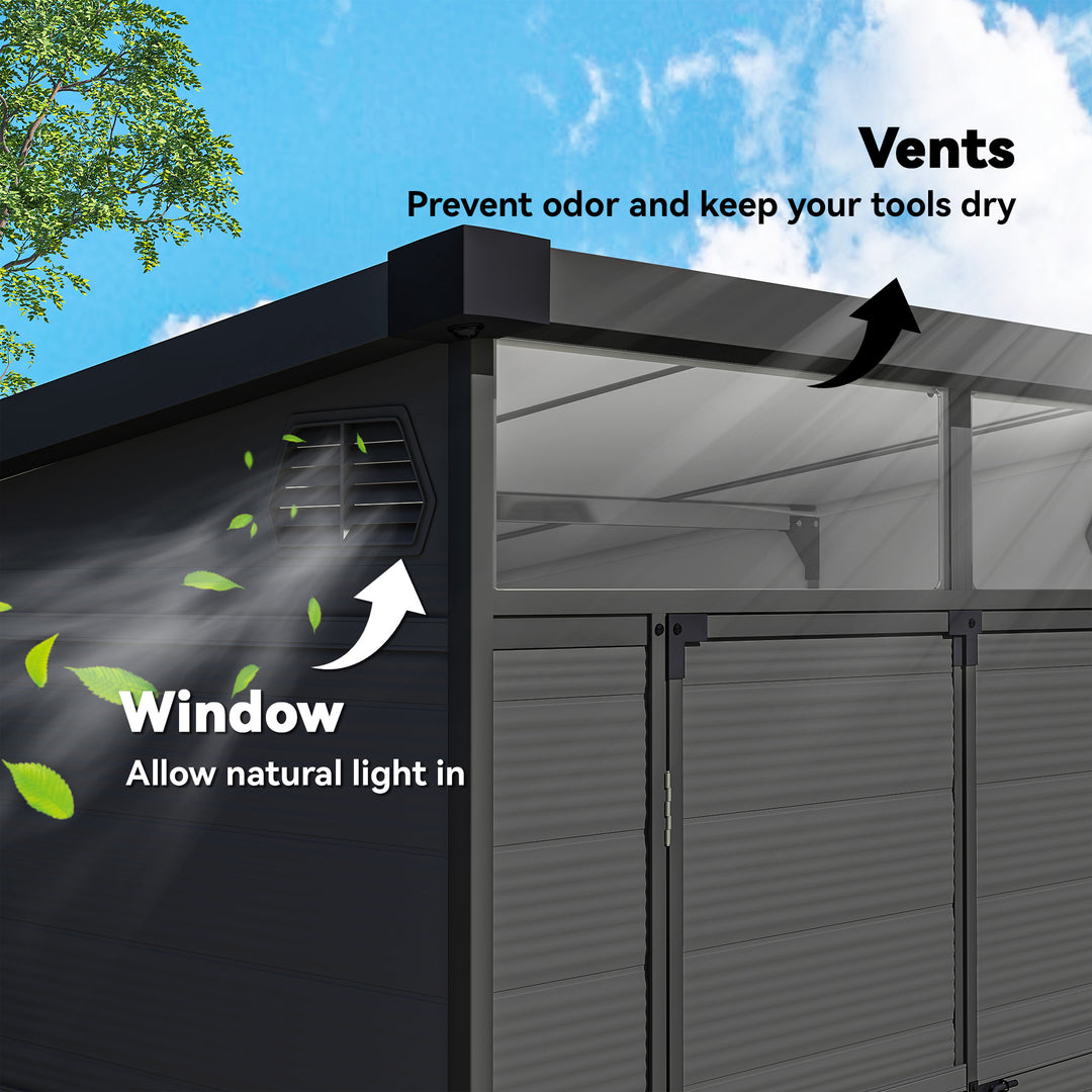 6 x 6ft Outdoor Storage Shed, Plastic Garden Shed with Windows and Air Vents, Outdoor Resin Tool Shed with Latch Doors for Garden, Deck, Dark Grey