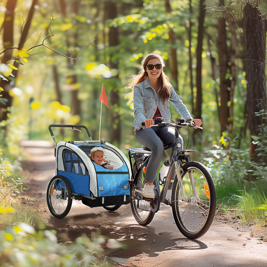 2 Seat Bike Trailer with 5 Point Harness, Baby Bike Stroller with Safety Flag, Reflectors, for 18+ Months, Blue
