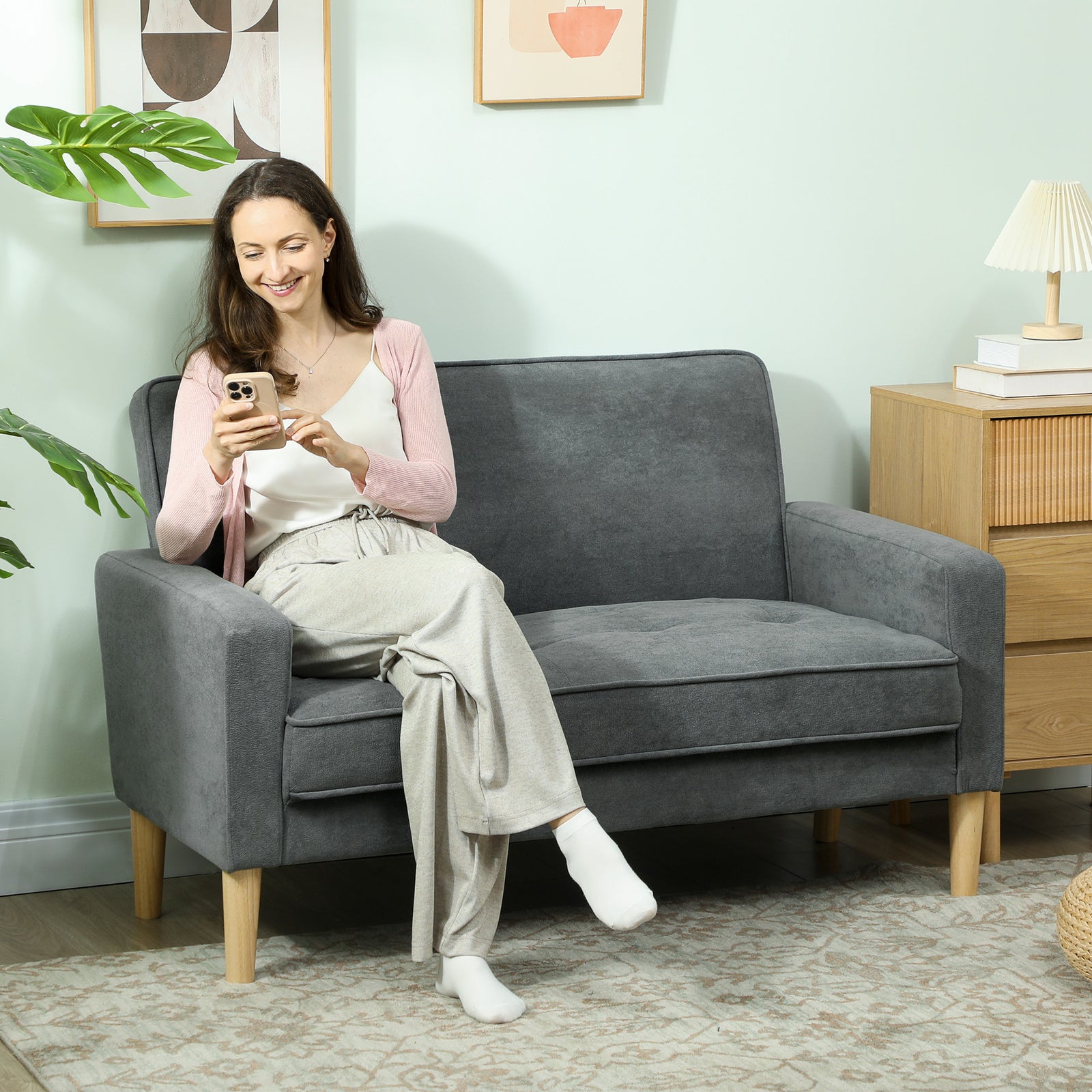 Two-Seater Velvet-Feel Sofa - Grey