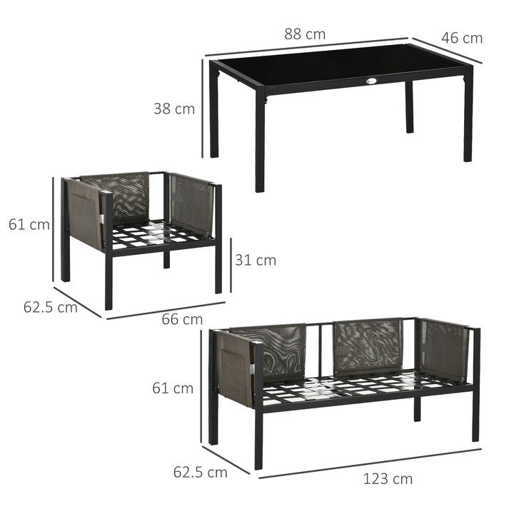 Outsunny 4 Piece Metal Garden Furniture Set with Tempered Glass Coffee Table, Patio Set Loveseat, Single Armchairs with Padded Cushions, Light Grey