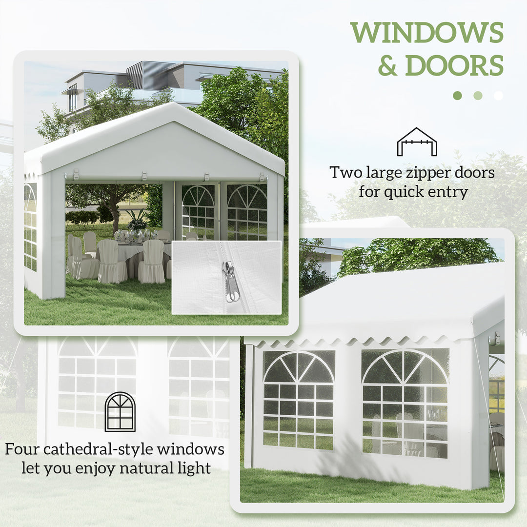 4m x 4m Marquee Party Tent, Heavy Duty Wedding Canopy with Sidewalls, Doors, Windows, Galvanised Garden Gazebo for Parties Events, White