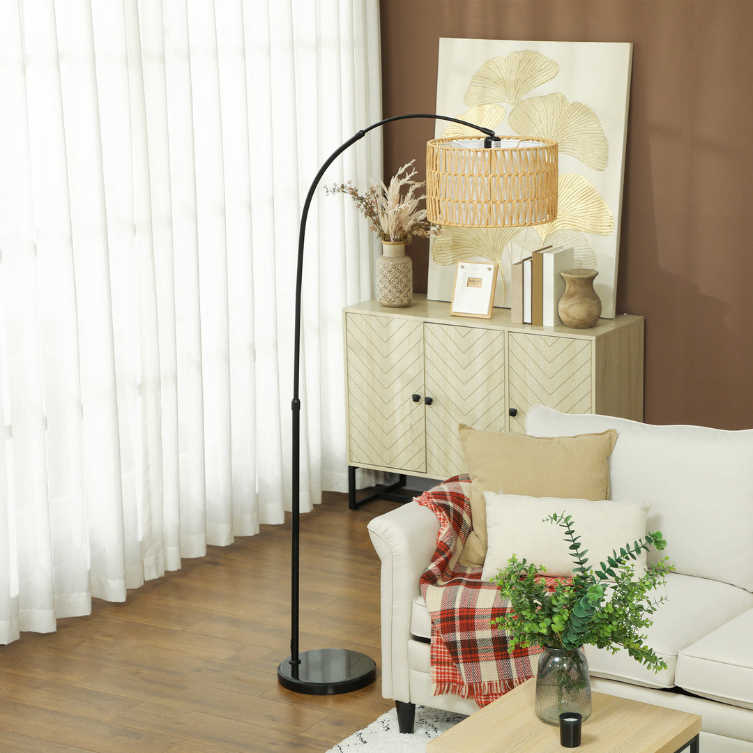 Rattan Floor Lamp for Living Room, Farmhouse Arc Standing Lamp with Dual-Layer Shade & Foot Switch, Height Adjustable Minimalist Tall Pole Lampshade for Bedroom, Office, Black
