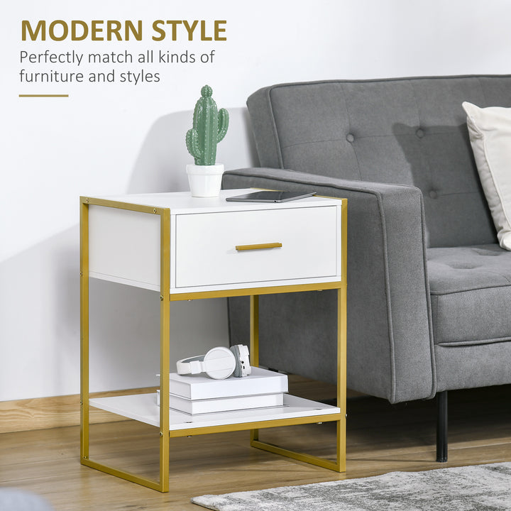 Bedside Table Set of 2, Modern Side Tables with Drawer and Shelf, Nightstands for Bedroom, White