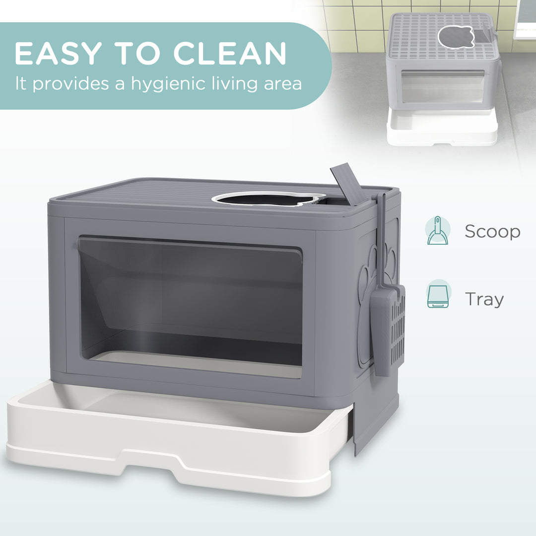 Enclosed Cat Litter Box with lid, Front Entry, Top Exit, Drawer, Tray, Scoop, Brush, 48.5 x 38 x 36.5cm - Grey