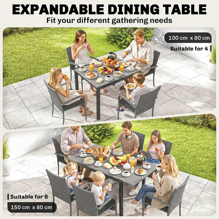 7 Piece Rattan Garden Furniture Set, 6 Seater Garden Table and 6 Stack