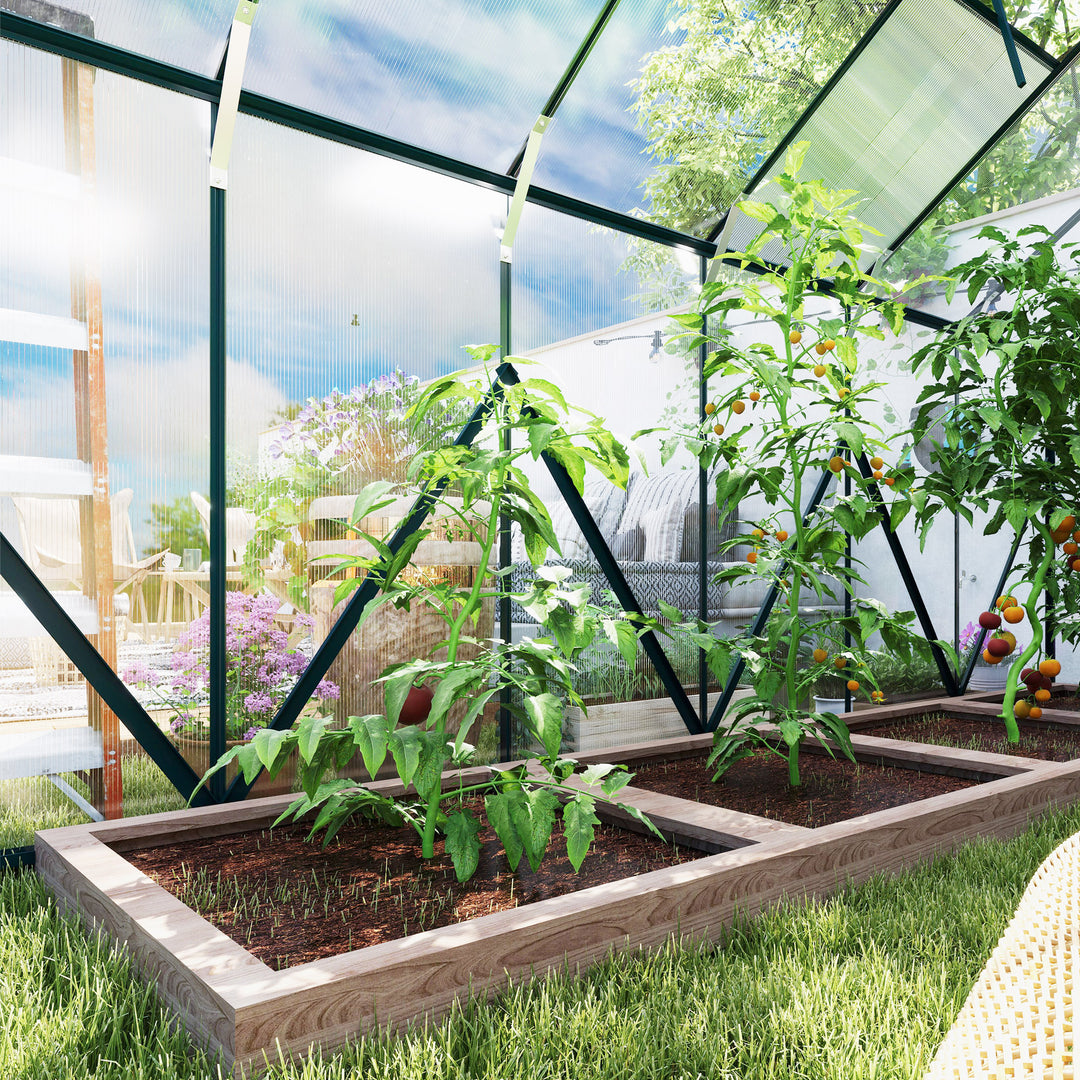 8 x 12ft Aluminium Greenhouse Polycarbonate Walk-in Garden Greenhouse Kit with Adjustable Roof Vent, Double Sliding Door, Rain Gutter and Foundation, Clear