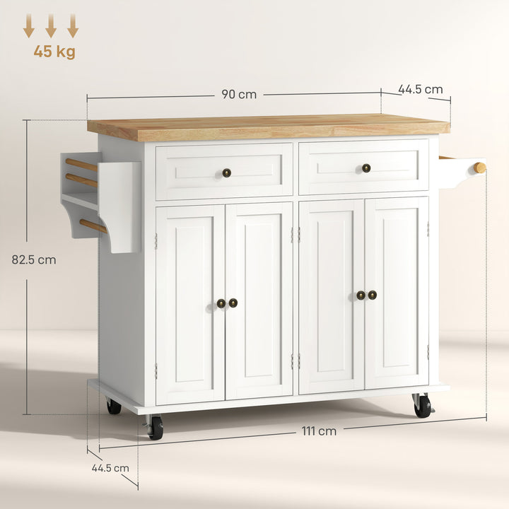Rolling Kitchen Island Storage Trolley with Rubber Wood Top & Drawers for Dining Room, Cream White