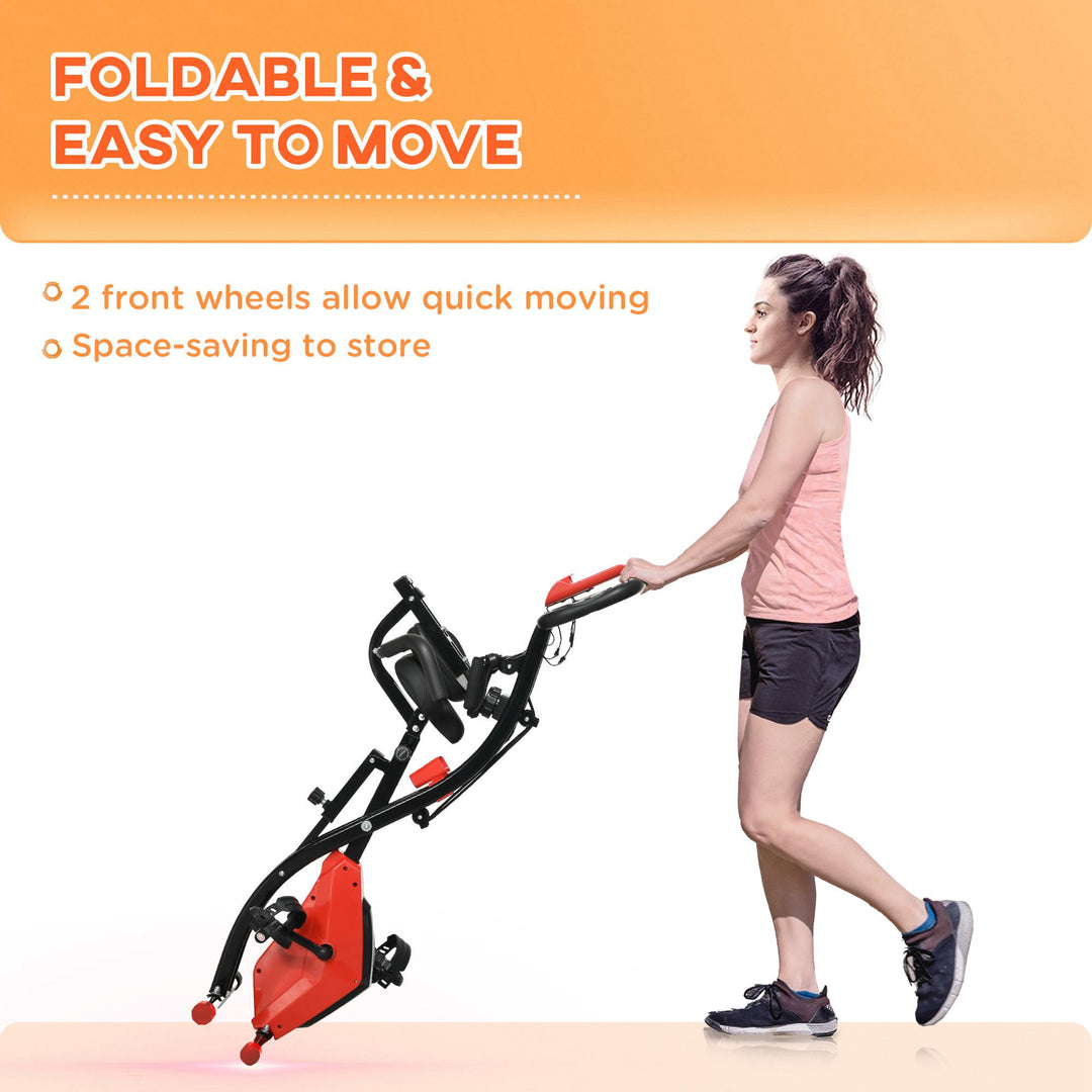 2-in-1 Folding Exercise Bike with 8-Level Magnetic Resistance, Arm Resistance Band, Pulse Sensor, Red