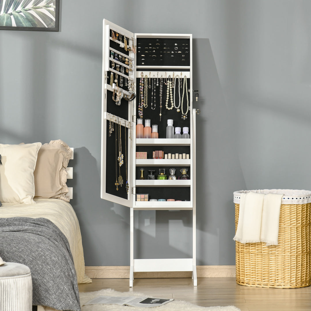 Full Length Mirror with Storage, Jewellery Cabinet with Mirror, Adjustable Angle and Stand, Lockable Jewellery Organiser for Bedroom Dressing Room, White