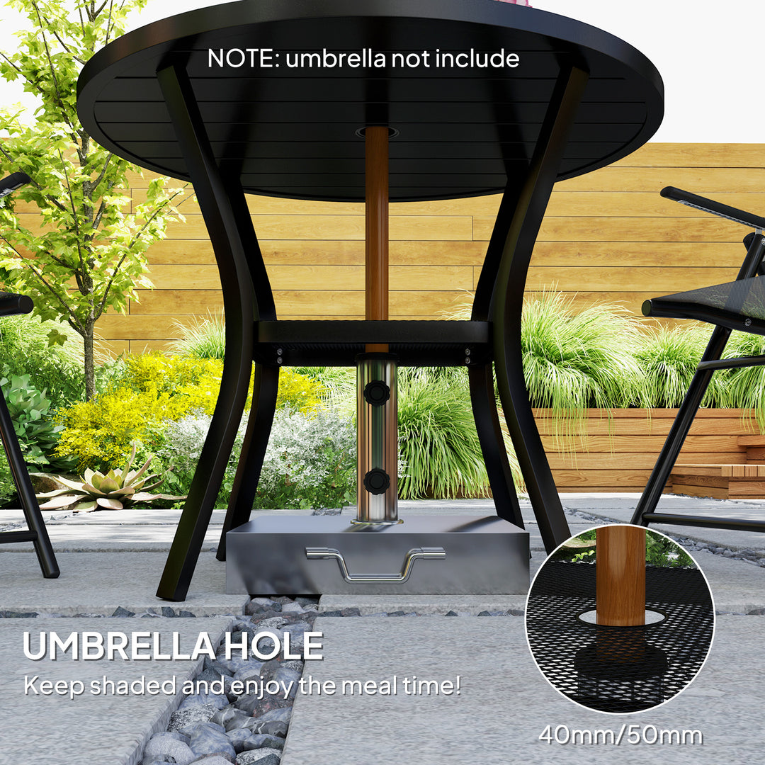 90 cm Garden Dining Table with 4-5 cm Parasol Hole, Round Outdoor Dining Table, Steel Garden Table with Slatted Metal Top and Wire Shelf for Balcony, Porch, Black