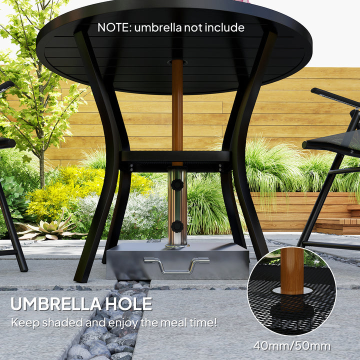 90 cm Garden Dining Table with 4-5 cm Parasol Hole, Round Outdoor Dining Table, Steel Garden Table with Slatted Metal Top and Wire Shelf for Balcony, Porch, Black