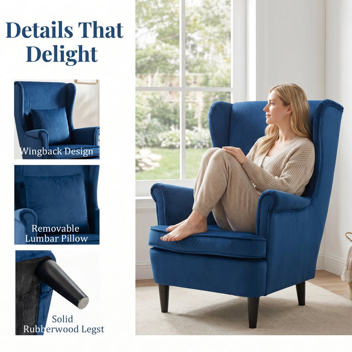 Modern Accent Chair with High Backrest and Pillow, Velvet-Feel Fabric 