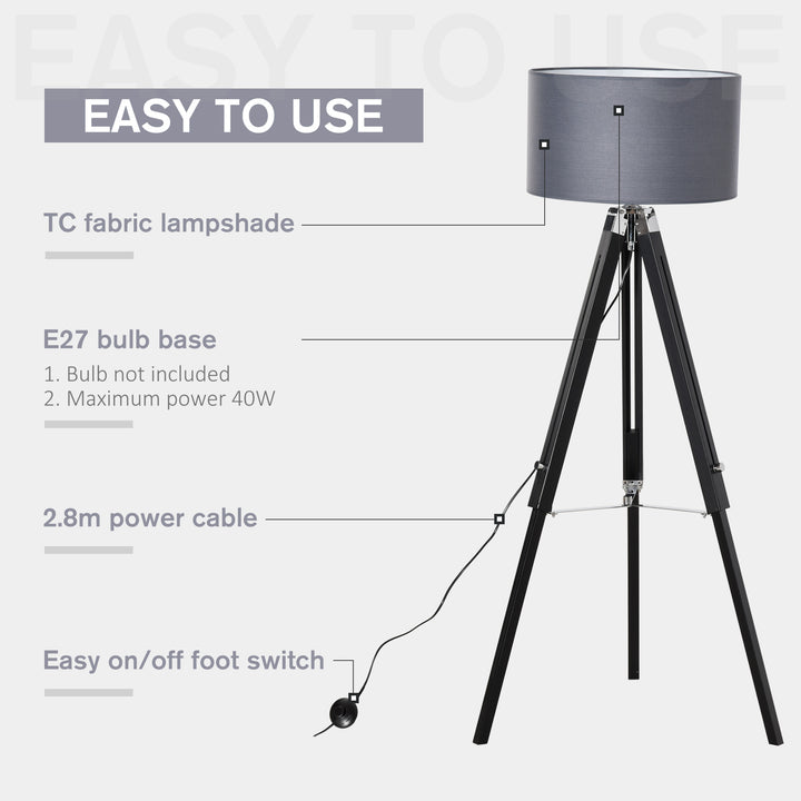 Modern Tripod Floor Lamps for Living Room with Fabric Lampshade, Standing Lamp for Bedroom Bulb not Included, Grey and Black