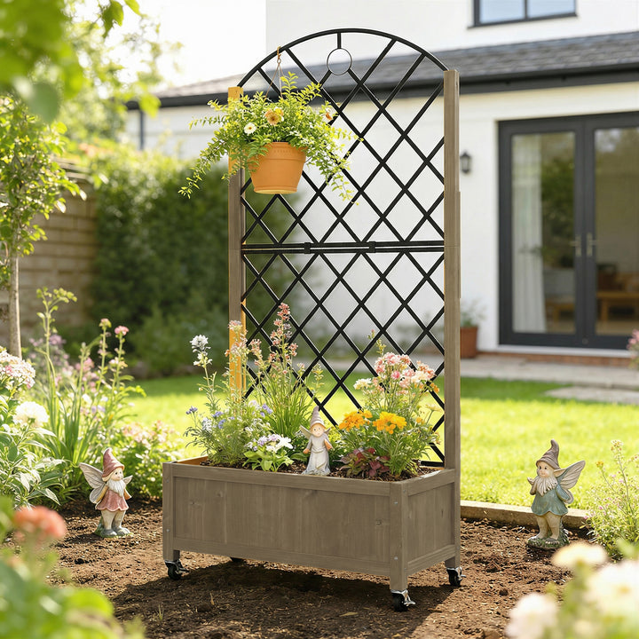 Raised Garden Bed with Metal Trellis, Wooden Elevated Planter Box w/Lo
