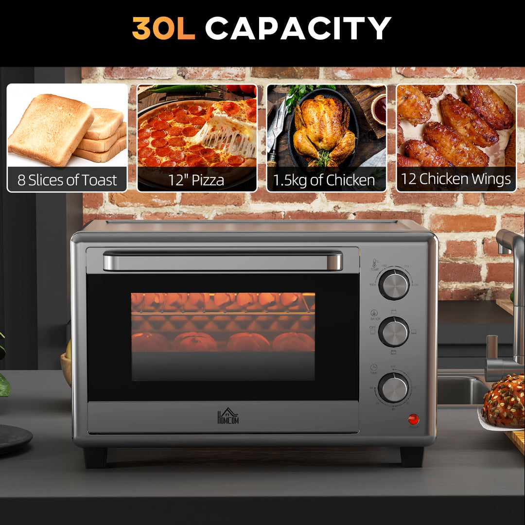 HOMCOM 30L 60-230°C Mini Electric Oven, with Accessories - Silver Tone | Aosom UK