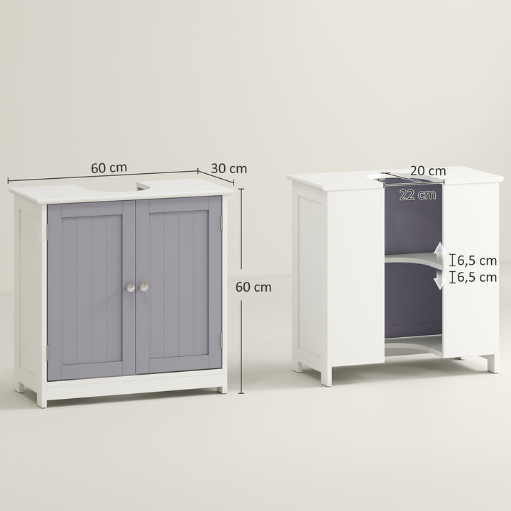 MCL 60x60cm Under-Sink Storage Cabinet w/ Adjustable Shelf Handles Drain Hole Bathroom Cabinet Space Saver Organizer White and Grey