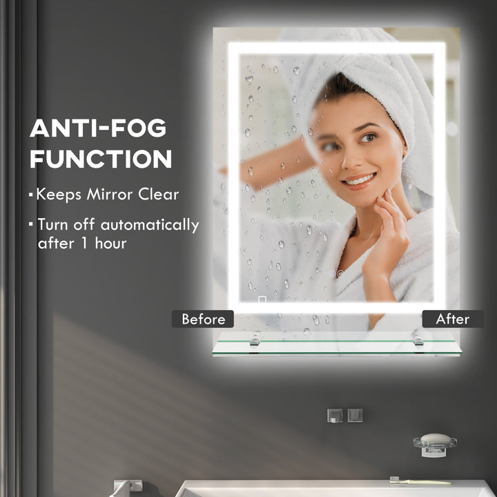 kleankin Illuminated Vanity Mirror: Smart LED Lighting, Anti-Fog, Shelving, 3 Colour Modes, 80x60cm | Aosom UK