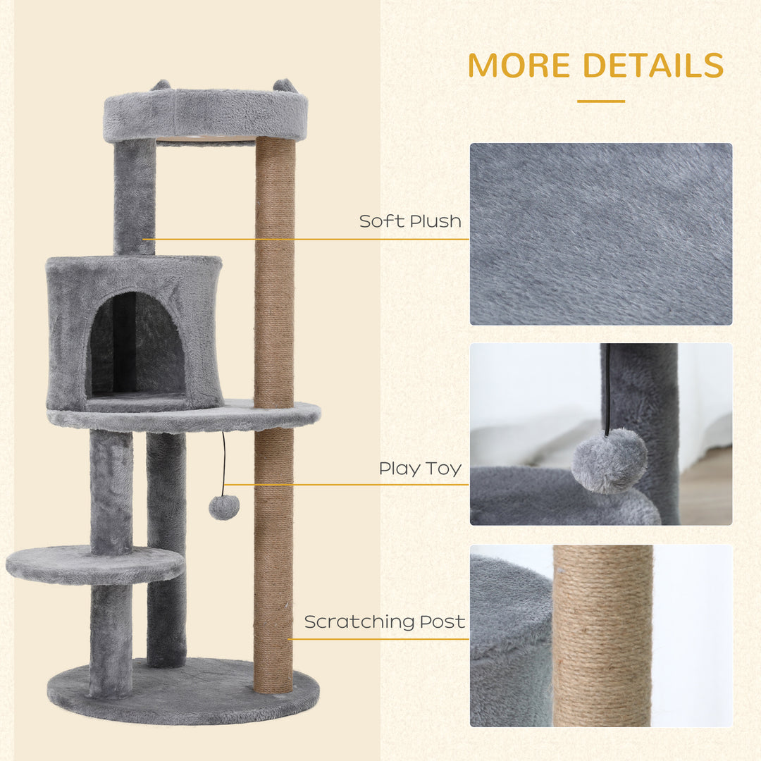 PawHut Deluxe Cat Tree with 3-Tier, Scratching Posts, Play Ball, and Plush Toy for Climbing and Relaxing, Grey | Aosom UK