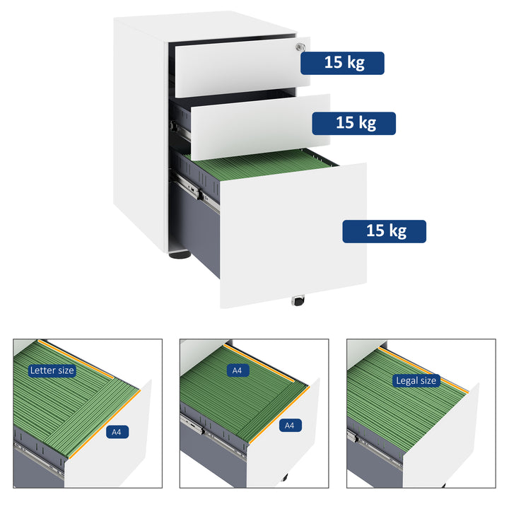 Lockable Cabinet, Rolling Filing Cabinet with 3 Drawers, Steel Office Drawer Unit for A4, Letter, Legal Sized Files
