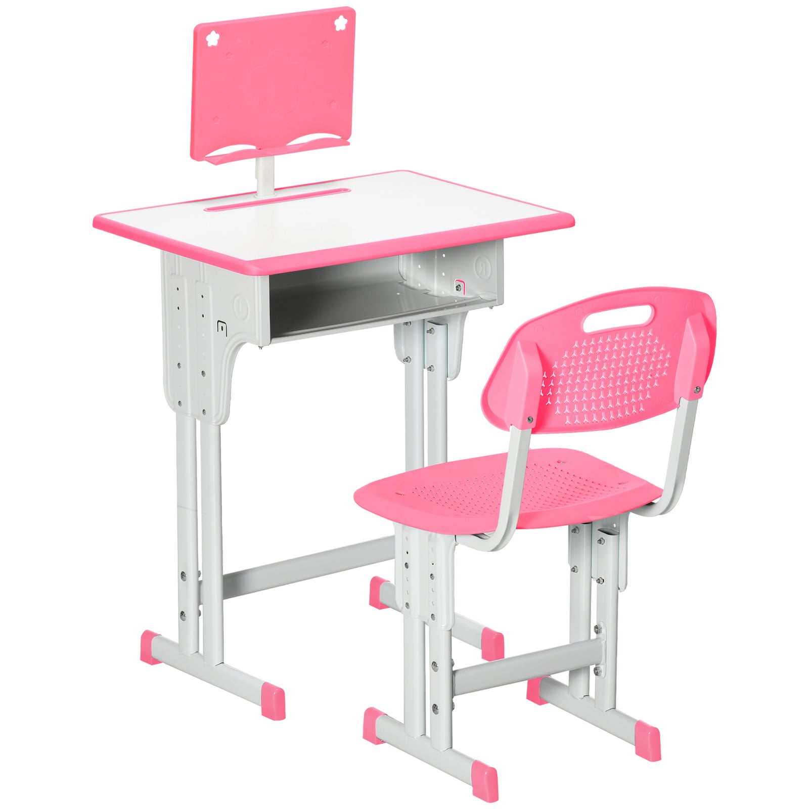 Kids Adjustable Desk and Chair Set, Book Stand, Pen Slot - Pink