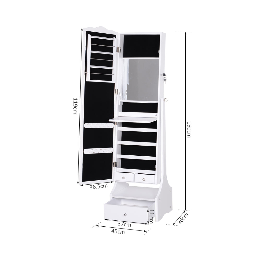 HOMCOM LED Jewellery Cabinet, Floor Standing Mirror Armoire with Flip-over Makeup Shelf and Lock, White | Aosom UK