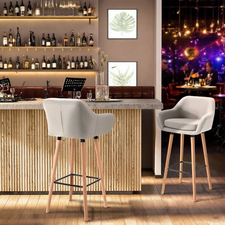 Set of 2 Bar Stools Modern Upholstered Seat Bar Chairs w/ Metal Frame, Solid Wood Legs Living Room Dining Room Fabric Furniture - Beige