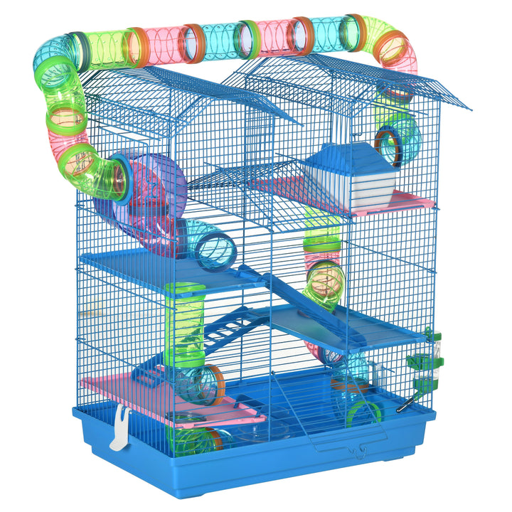 PawHut Hamster Habitat, 5 Tier Cage with Exercise Wheels, Tunnel, Water Bottle, Dishes, Ladder, Blue | Aosom UK