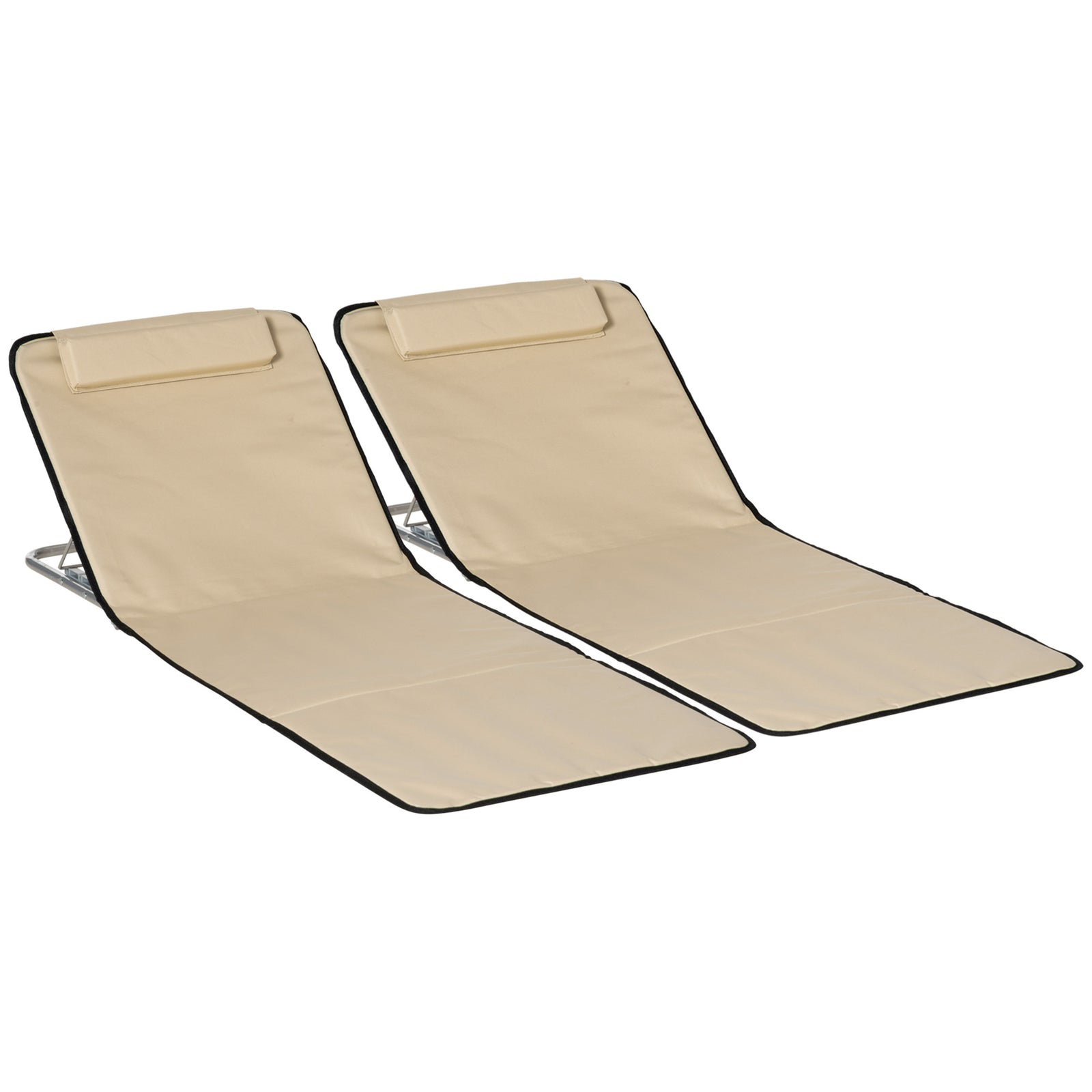 Set of 2 Foldable Garden Beach Chair Mat Lightweight Outdoor Sun Lounger Seats Adjustable Back Metal Frame PE Fabric Head Pillow w/ Carry Bag, Beige