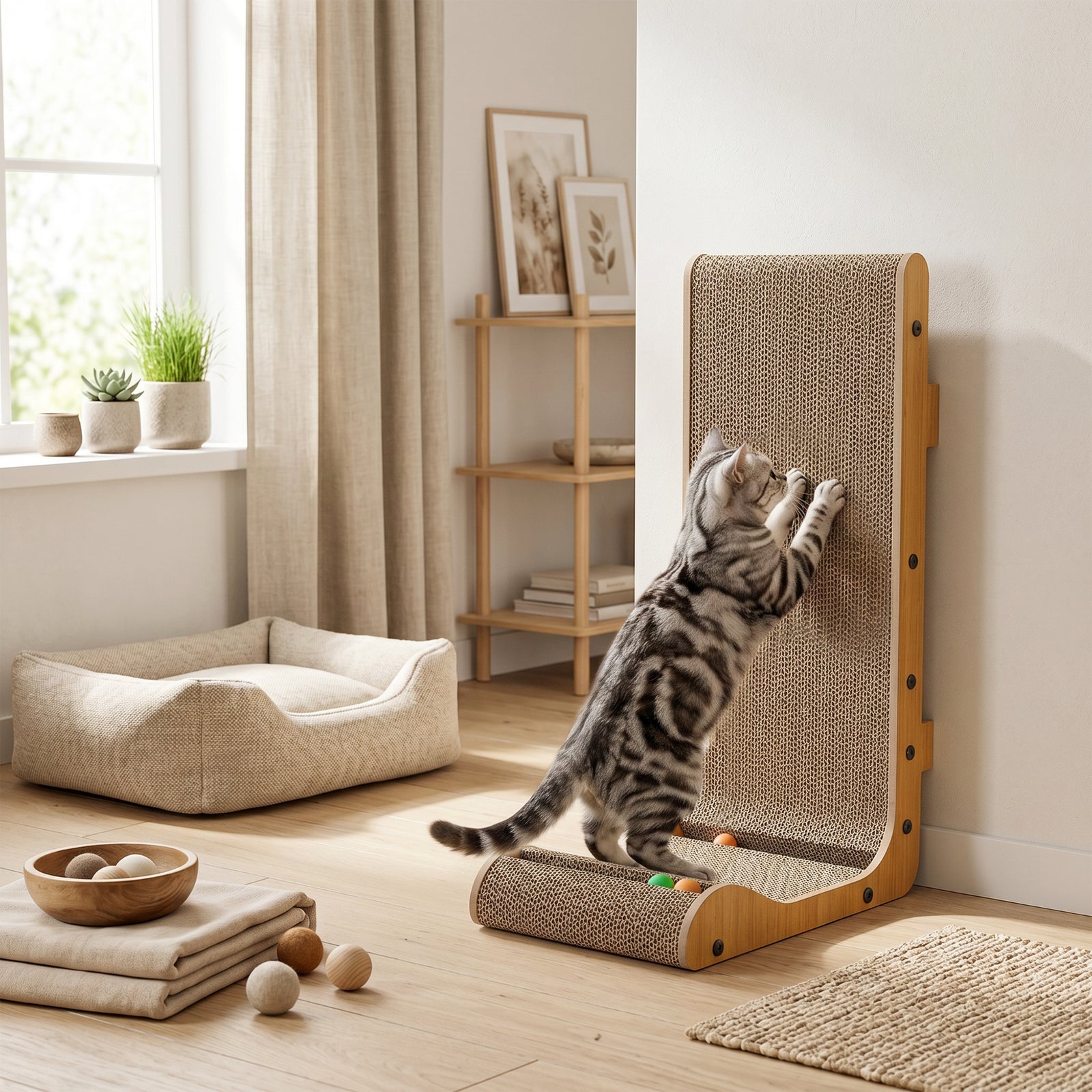 Cat Scratching Board Wall Mounted Cat Scratcher Corrugated 3 Toy Balls