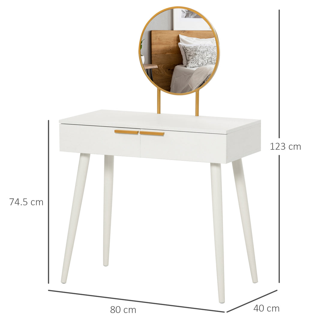 Elegant Dressing Table, with Round Mirror, 80 x 40 x 123 cm - White