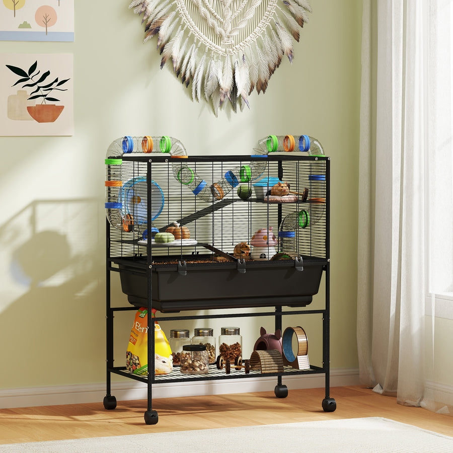 3 Tier Large Hamster Cage on Wheels with 17 cm Deep Tray, Storage Shelf for Syrian, Gerbil, Rats
