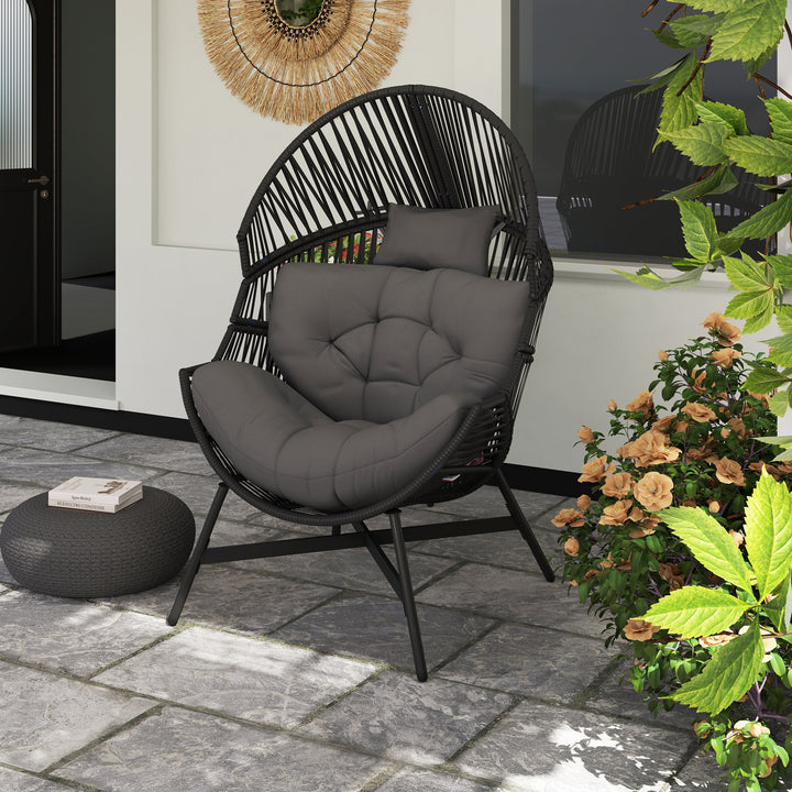 Rattan Egg Chair, Oversized Freestanding Garden Egg Chair with Thick Tufted Cushion, Headrest, Steel Frame for Indoor and Outdoor Use, Charcoal Grey