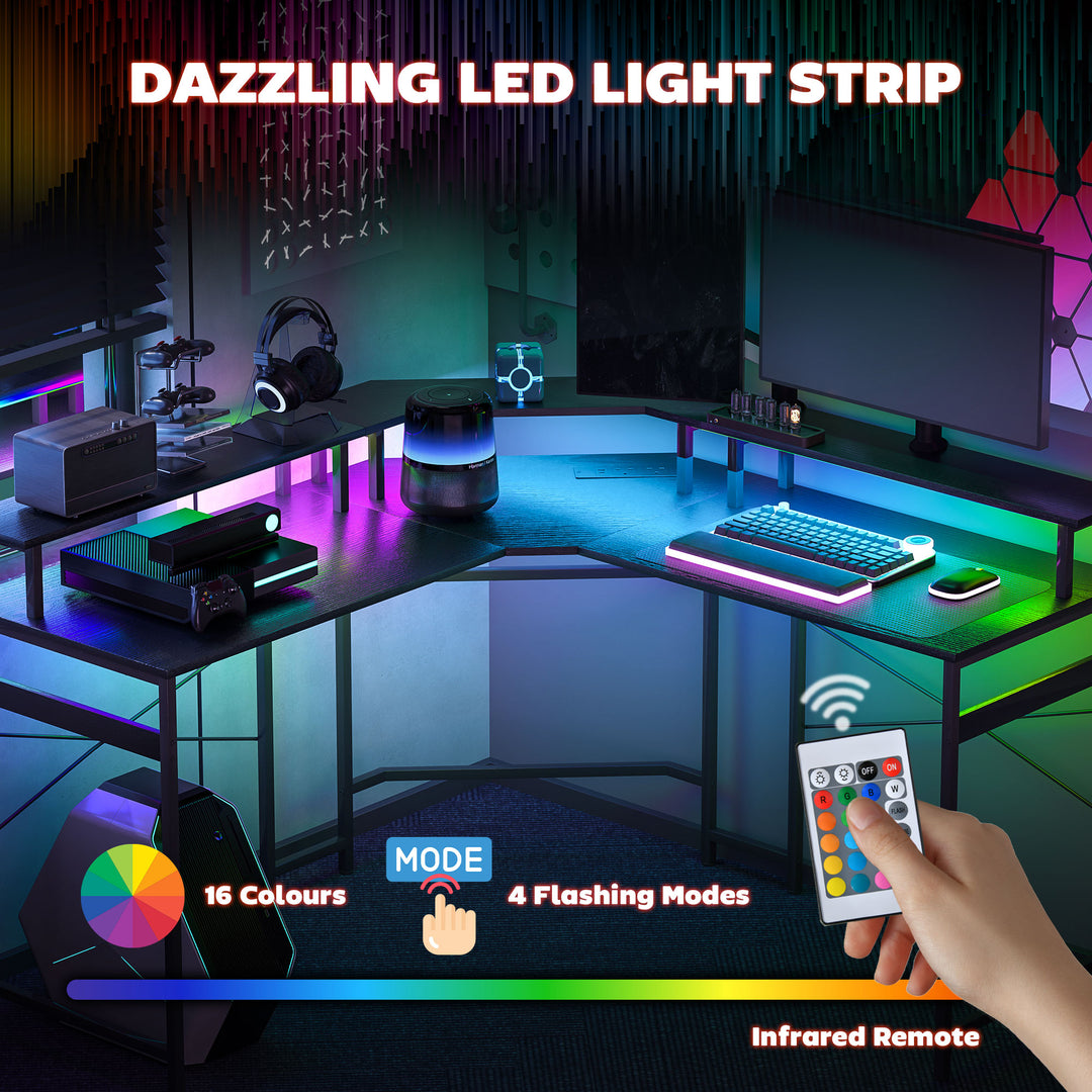 L' Shaped Work Desk, with LED Lights - Black