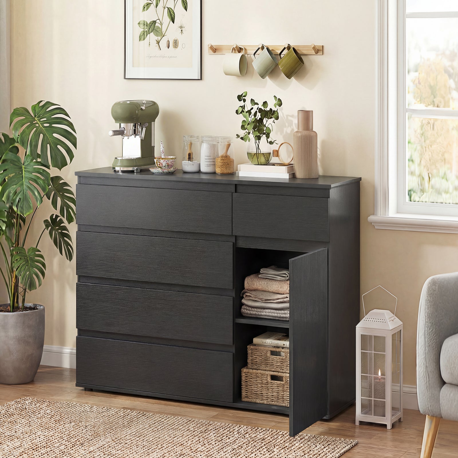 Modern Chest Of Drawers, 5 Drawer Dresser with Adjustable Shelf, Soft-
