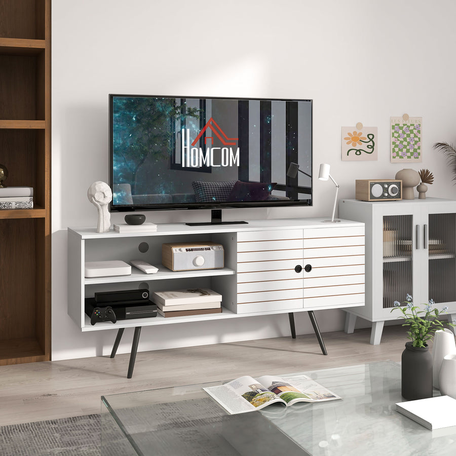 TV Stand with Cupboard, Open Shelves, Striped Doors, Wooden legs, White